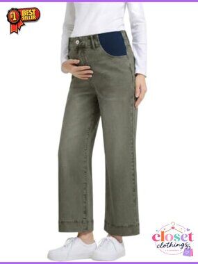 Maternity Wide Leg High Waisted Jeans Ankle Length Stretch Pregnancy Pants